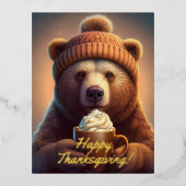 居心地の良い秋のベアーウッドランドサンクスギビング 箔シーズンポストカード (正面)