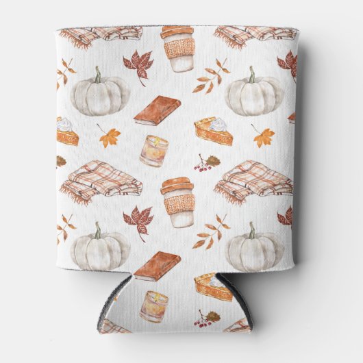 居心地の良い秋の必需品の水彩パターン 缶クーラー (正面)