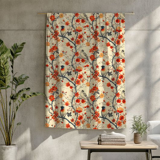 居心地の良い秋の毛布と鳥とフローラチャーム フリースブランケット