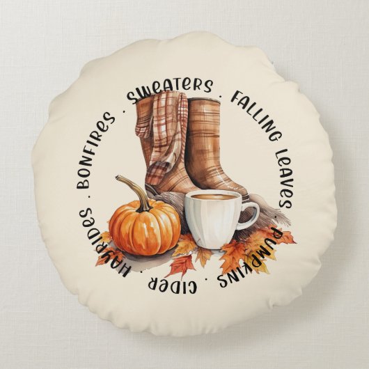 居心地の良い秋ビベス – ブーツ、パンプキンスパイス、焚き火 ラウンドクッション (裏面)