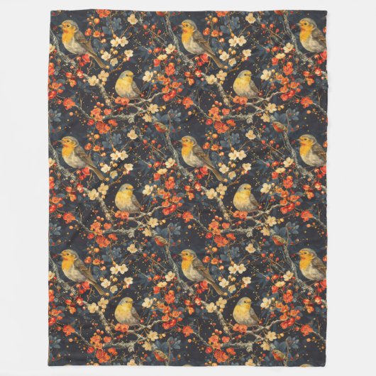 居心地の良い秋夜のための鳥と花の毛布 フリースブランケット (正面)