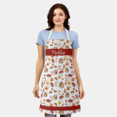 居心地の良い紅葉とパーソナライズされたキノコ エプロン (着用した状態)