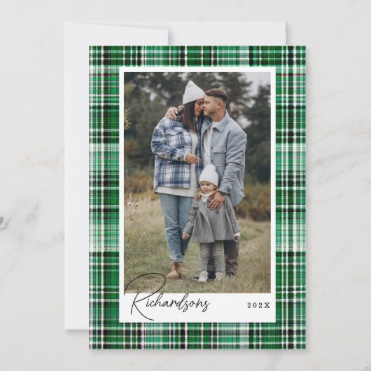 居心地の良い緑と白の格子模様のフランネル家族の写真 シーズンカード (正面)
