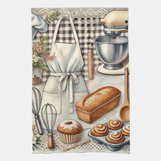 居心地の良い自家製ベーキングシーンとエプロン キッチンタオル (縦)