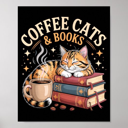 居心地の良い読書をする猫 コーヒーと本が好きな人向けのアートワーク ポスター (正面)