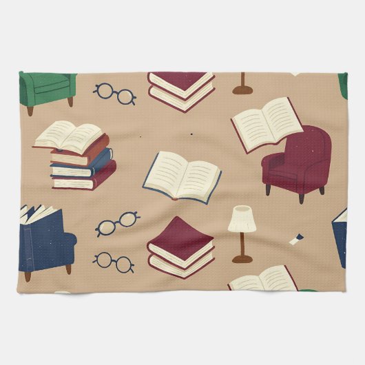 居心地の良い読書コーナーの本のパターン キッチンタオル (横)
