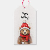 居心地の良い赤い帽子に冬の熊 ギフトタグ (正面)