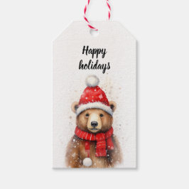 居心地の良い赤い帽子に冬の熊 ギフトタグ