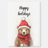 居心地の良い赤い帽子に冬の熊 マグネット (正面)