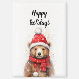 居心地の良い赤い帽子に冬の熊 マグネット