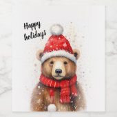 居心地の良い赤い帽子に冬の熊 ワインラベル (シングルラベル)