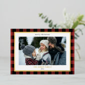 居心地の良い赤い黒の格子模様縁ど3枚の写真クリスマス 箔シーズンカード (立ち正面)