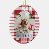 居心地の良い赤と白の格子柄のポープリントペットフォト セラミックオーナメント (右)