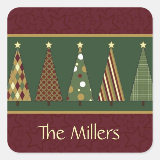 居心地の良い赤と緑のクリスマスツリー スクエアシール (正面)