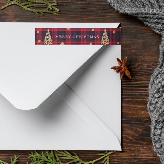 居心地の良い赤と青の格子模様のモダンクリスマスツリー ラップアラウンドラベル