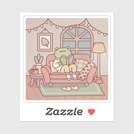 居心地の良い部屋で本を読むかわいいカエル シール (シート)