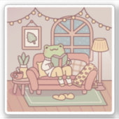 居心地の良い部屋で本を読むかわいいカエル シール (正面)