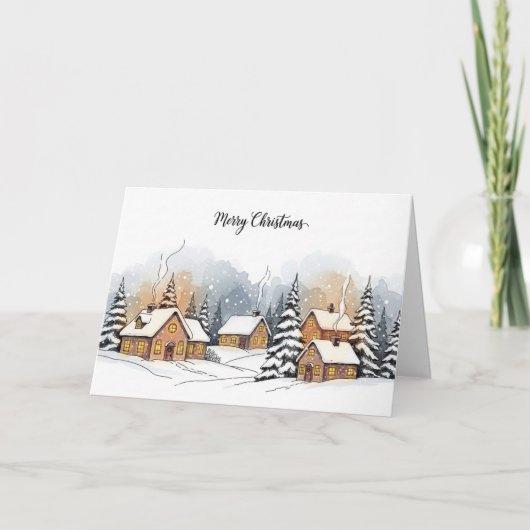 居心地の良い雪のクリスマスビレッジの冬の風景 シーズンカード (正面)