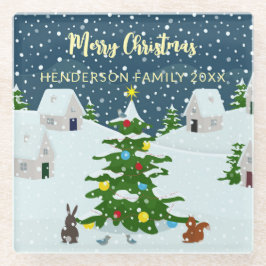 居心地の良い雪のレトロクリスマスビレッジ ガラスコースター