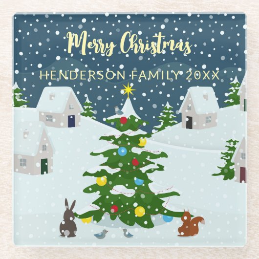 居心地の良い雪のレトロクリスマスビレッジ ガラスコースター (正面)