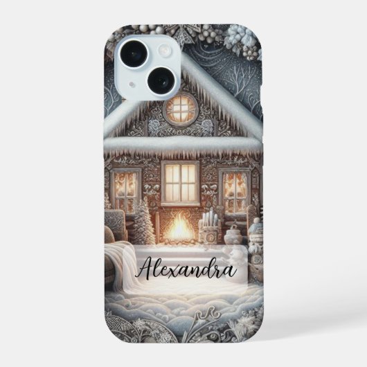 居心地の良い雪の家，ソファ，毛布，ギフト，雪だるま iPhone 15ケース (裏面)