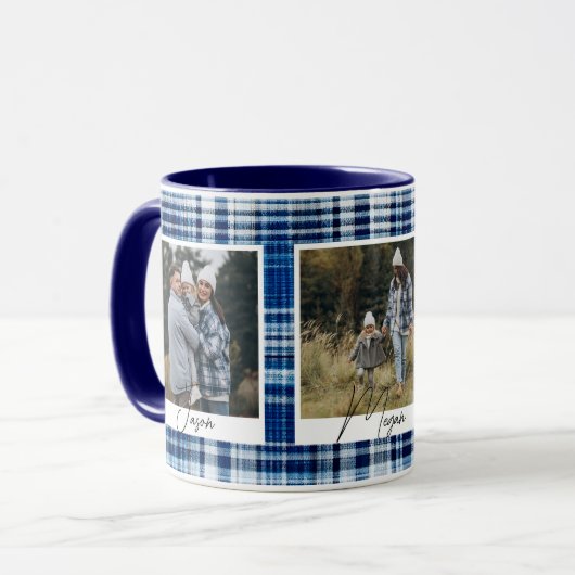 居心地の良い青と白の格子布の家族の写真 マグカップ (正面左)