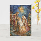 居心地の良い馬小屋に住む聖家族 カード (黄色い花)