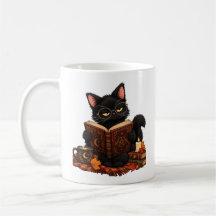 居心地の良い黒猫が本を読むマグカップ - 秋のハロウィンB