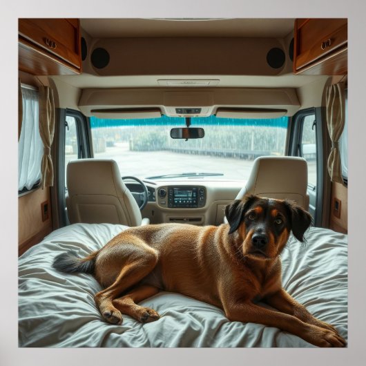 居心地の良いRVの内装で眠る犬 ポスター (正面)