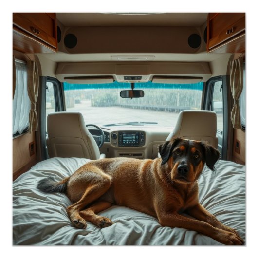 居心地の良いRVの内装で眠る犬 ポスター (正面)