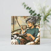 居心地の読良い女性とコーヒーと猫 カード (スタンド正面)