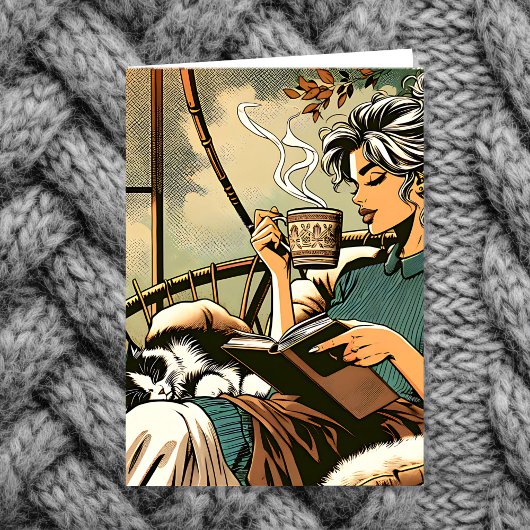 居心地の読良い女性とコーヒーと猫 カード