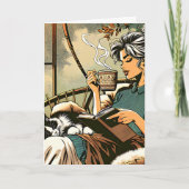 居心地の読良い女性とコーヒーと猫 カード (正面)