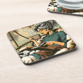 居心地の読良い女性とコーヒーと猫 コースター (左側)