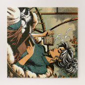 居心地の読良い女性とコーヒーと猫 ジグソーパズル (横)