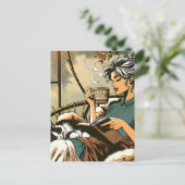 居心地の読良い女性とコーヒーと猫 ポストカード (スタンド正面)