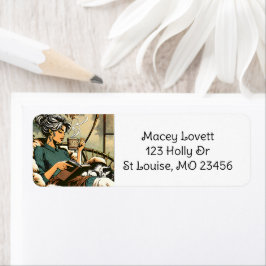 居心地の読良い女性とコーヒーと猫 ラベル