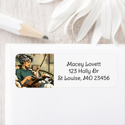 居心地の読良い女性とコーヒーと猫 ラベル (インサイチュ)