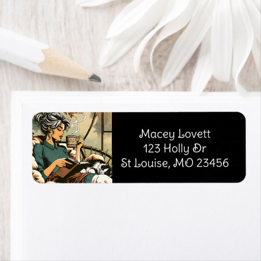 居心地の読良い女性とコーヒーと猫 ラベル (インサイチュ)