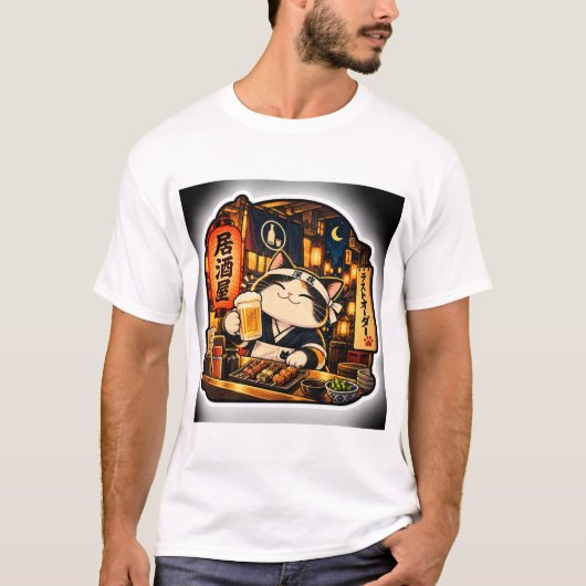 居酒屋 ラスト コール 猫 Tシャツ | 日本の夜にぴったり (正面)