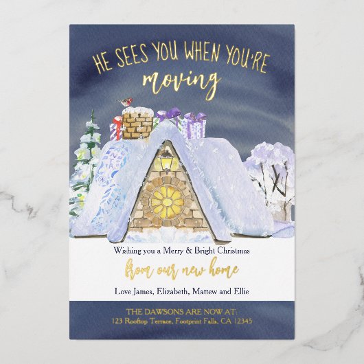屋上のサンタの足跡クリスマスおもしろいの引越し 箔シーズンカード (正面)