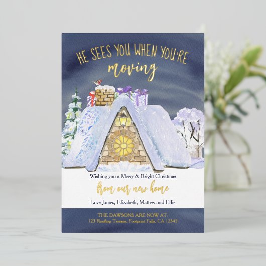 屋上のサンタの足跡クリスマスおもしろいの引越し 箔シーズンカード (立ち正面)