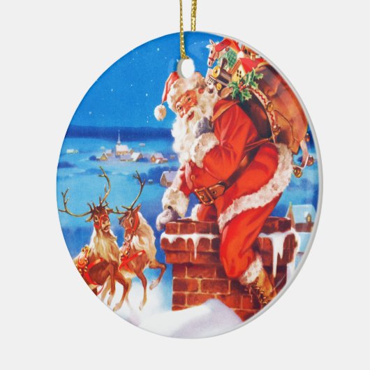 屋上のサンタクロースそして彼のトナカイ セラミックオーナメント (左)