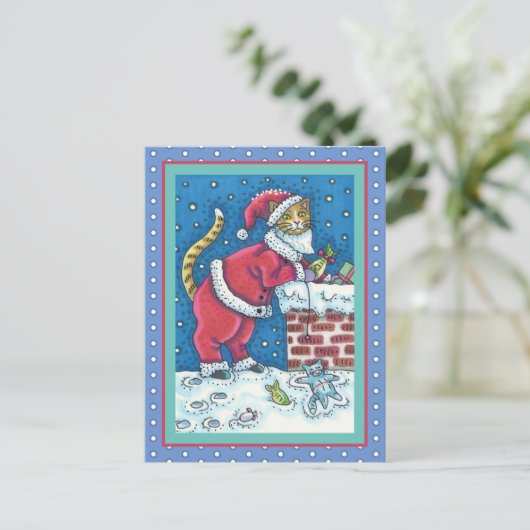 屋上のサンタ爪猫がプレゼントをおもしろい届け ポストカード (スタンド正面)