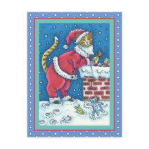 屋上のサンタ爪猫がプレゼントをおもしろい届け