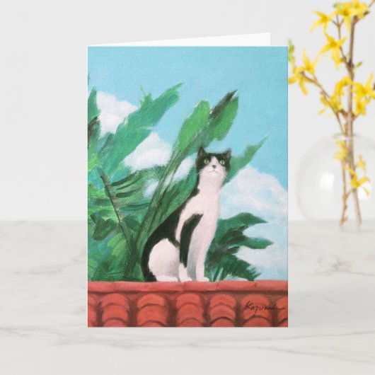 屋上の猫 カード (黄色い花)