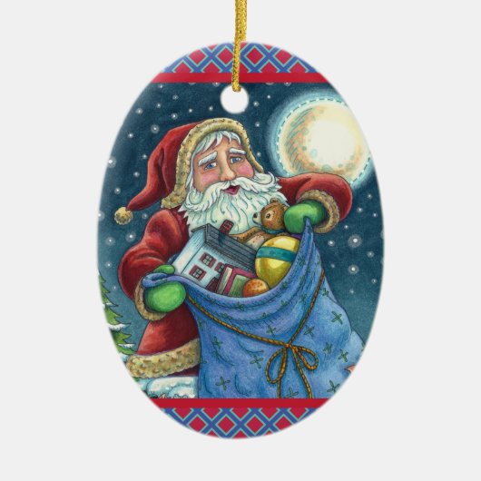 屋上サンタバッグのおもちゃ、ドールハウス、ホビーホース セラミックオーナメント (正面)