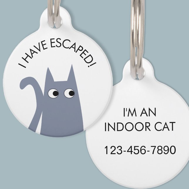 屋内キャットブルーグレー脱出型 ペット　ネームタグ (Escaped indoor cat personalized phone number safety blue gray cat pet tag)