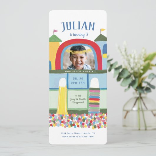 屋内遊び場子供の誕生日パーティーフォトインビタ 招待状 (スタンド正面)
