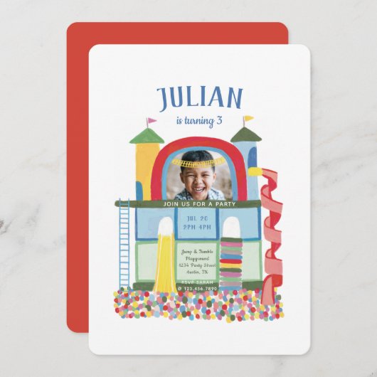 屋内遊び場子供の誕生日パーティー写真 招待状 (正面/裏面)